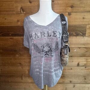 Y2K Women's Harley Davidson grey & pink graphic tee